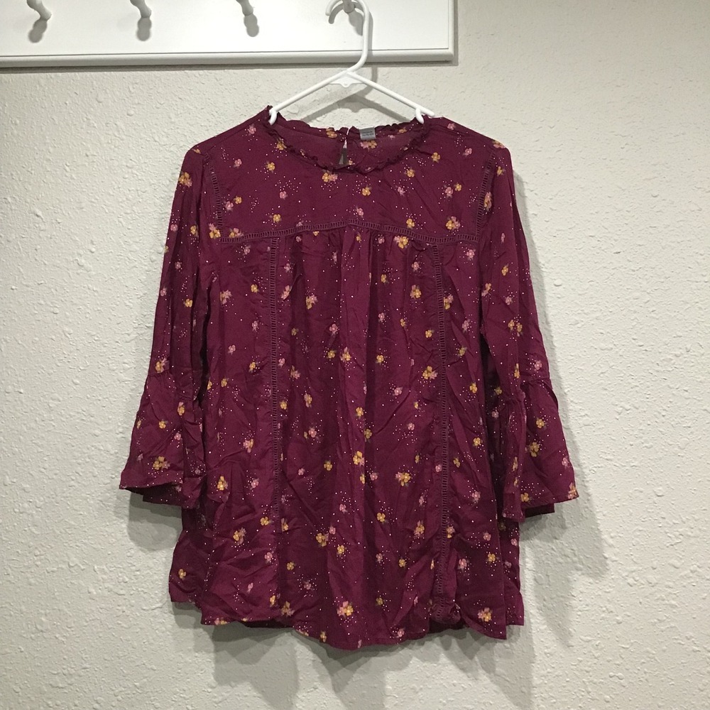 Old Navy Floral Boho Peasant‎ Blouse L Ruffle Neck Bell Sleeves Ladder Lace Top